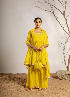 Womens Cotton Lemon Green A-line Kurta Sharara and Dupatta With Fancy Potli Set