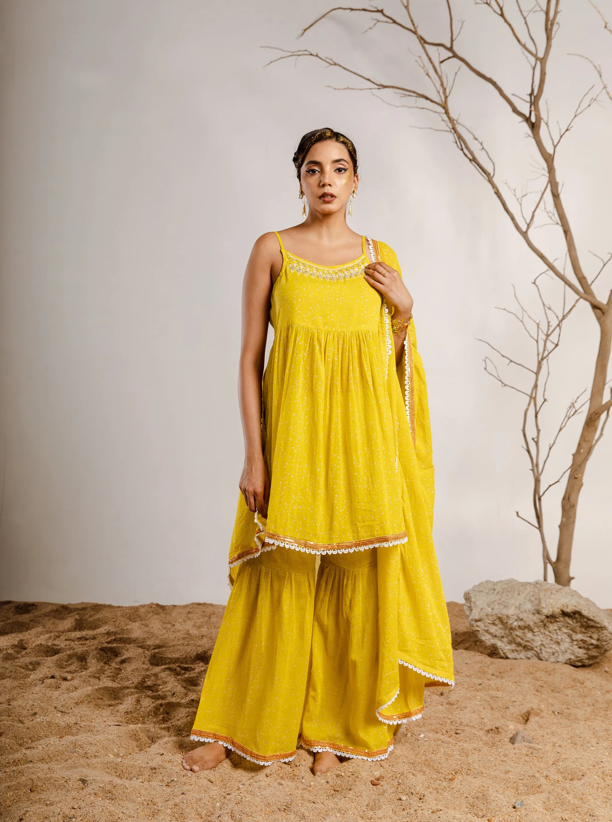 Womens Cotton Lemon Green A-line Kurta Sharara and Dupatta With Fancy Potli Set
