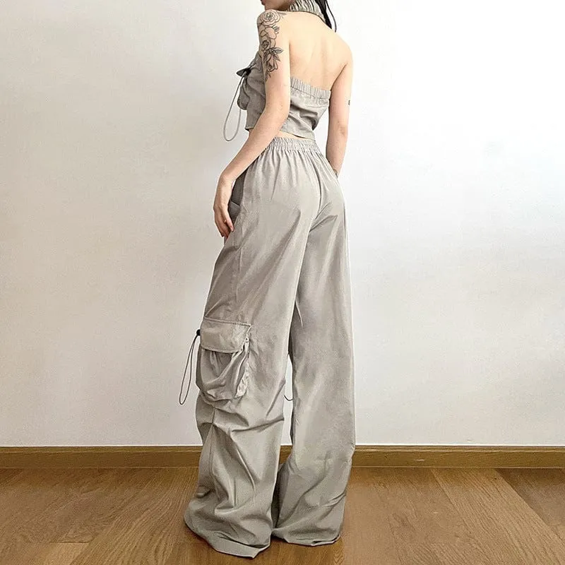 Women's Grunge Big-pocket Drawstring Casual Pants
