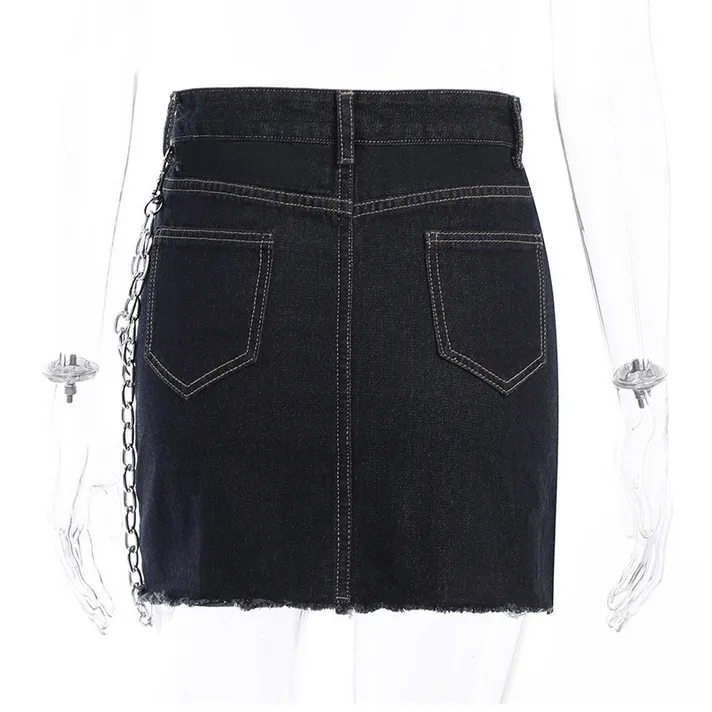Women's Grunge Letter Printed Denim Pants with Chain
