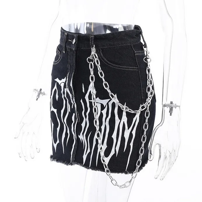 Women's Grunge Letter Printed Denim Pants with Chain