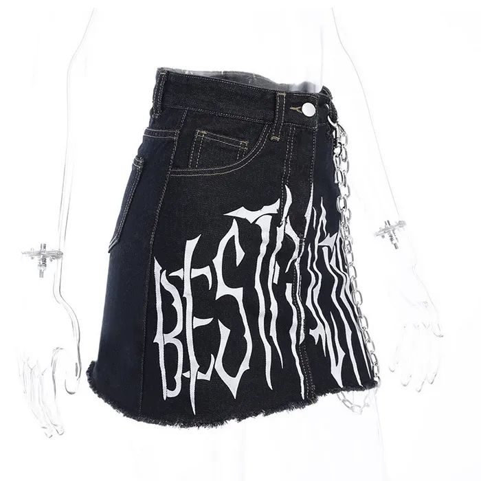 Women's Grunge Letter Printed Denim Pants with Chain