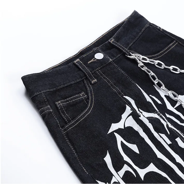 Women's Grunge Letter Printed Denim Pants with Chain