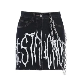 Women's Grunge Letter Printed Denim Pants with Chain