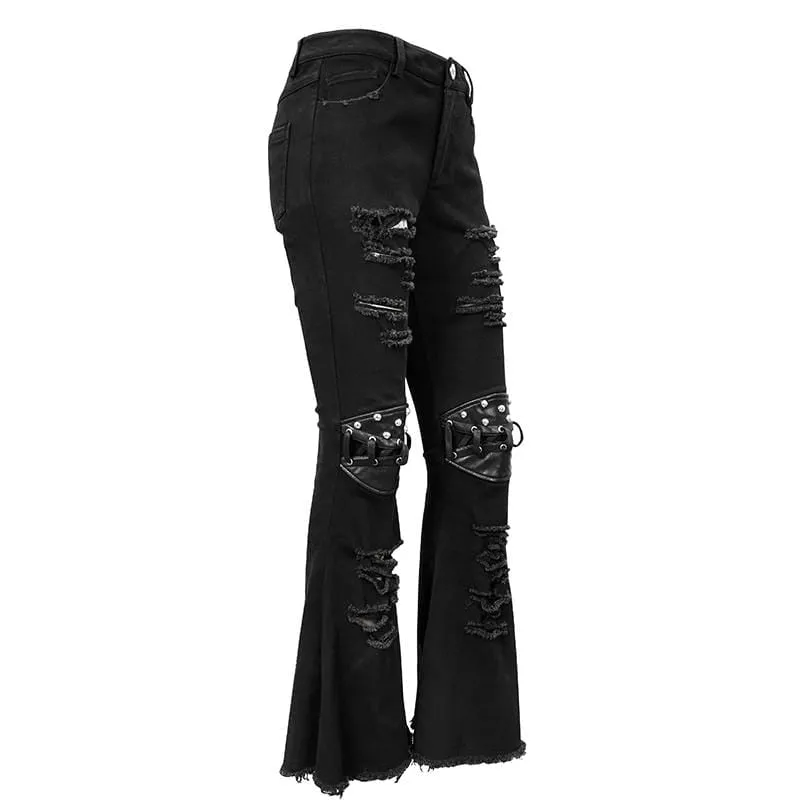 Women's Grunge Strappy Ripped  Flare Pants With Rivets