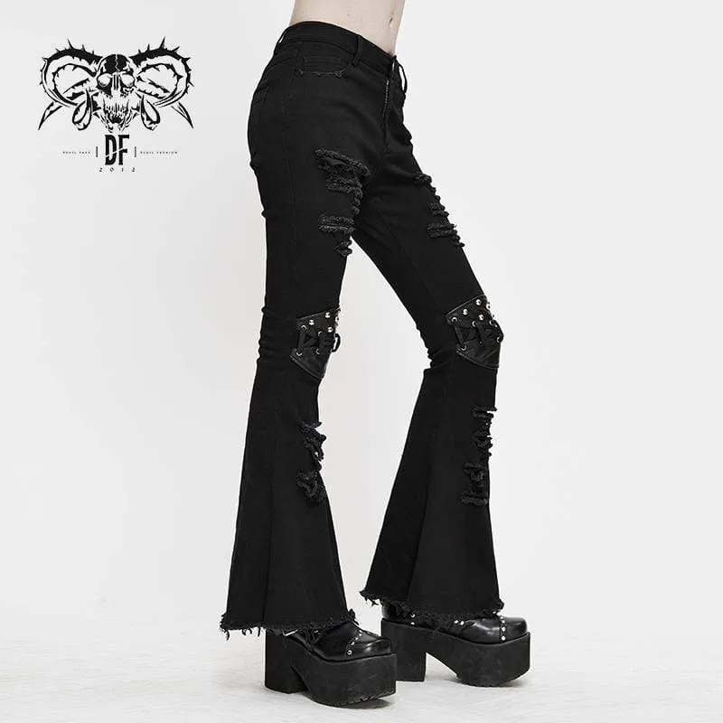 Women's Grunge Strappy Ripped  Flare Pants With Rivets