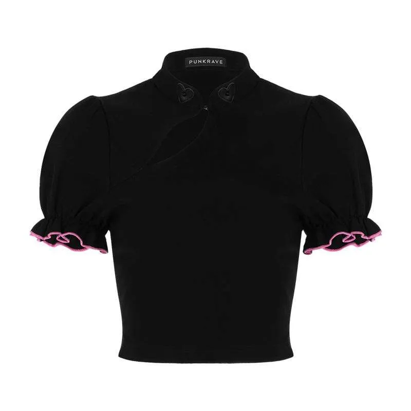 Women's Mandarin Collar Latern Sleeved Ruffled Crop Tops