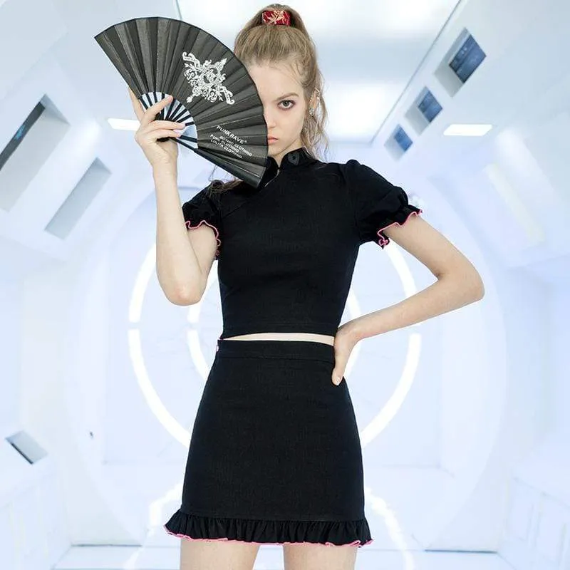 Women's Mandarin Collar Latern Sleeved Ruffled Crop Tops