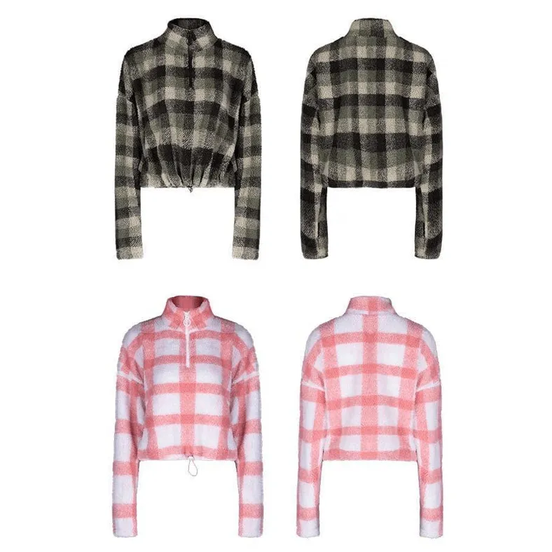 Women's Stand Collar Zipper Fly Plaid Suede Sweaters