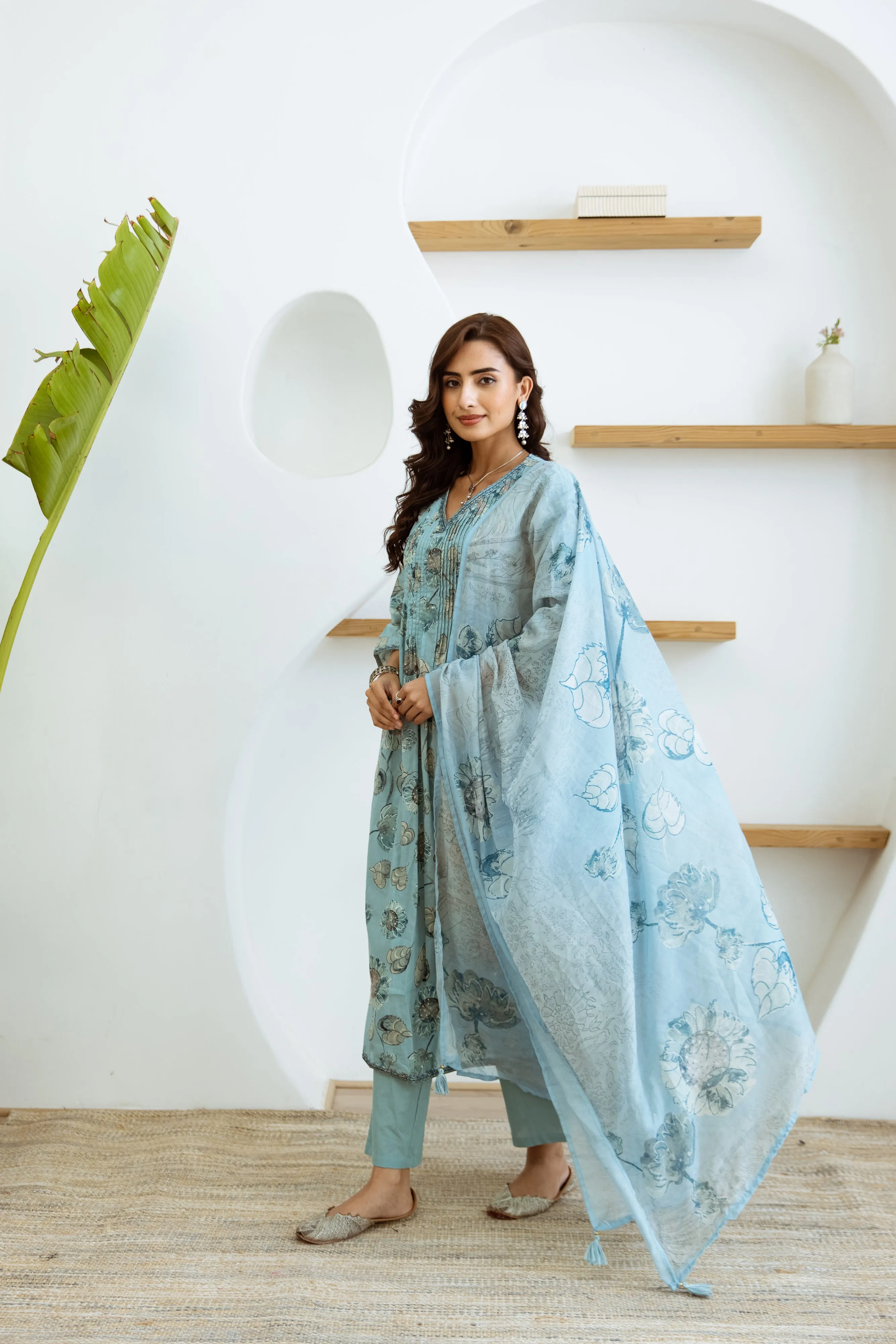 Women's Turquoise Cotton Kurta Pant and Dupatta Set