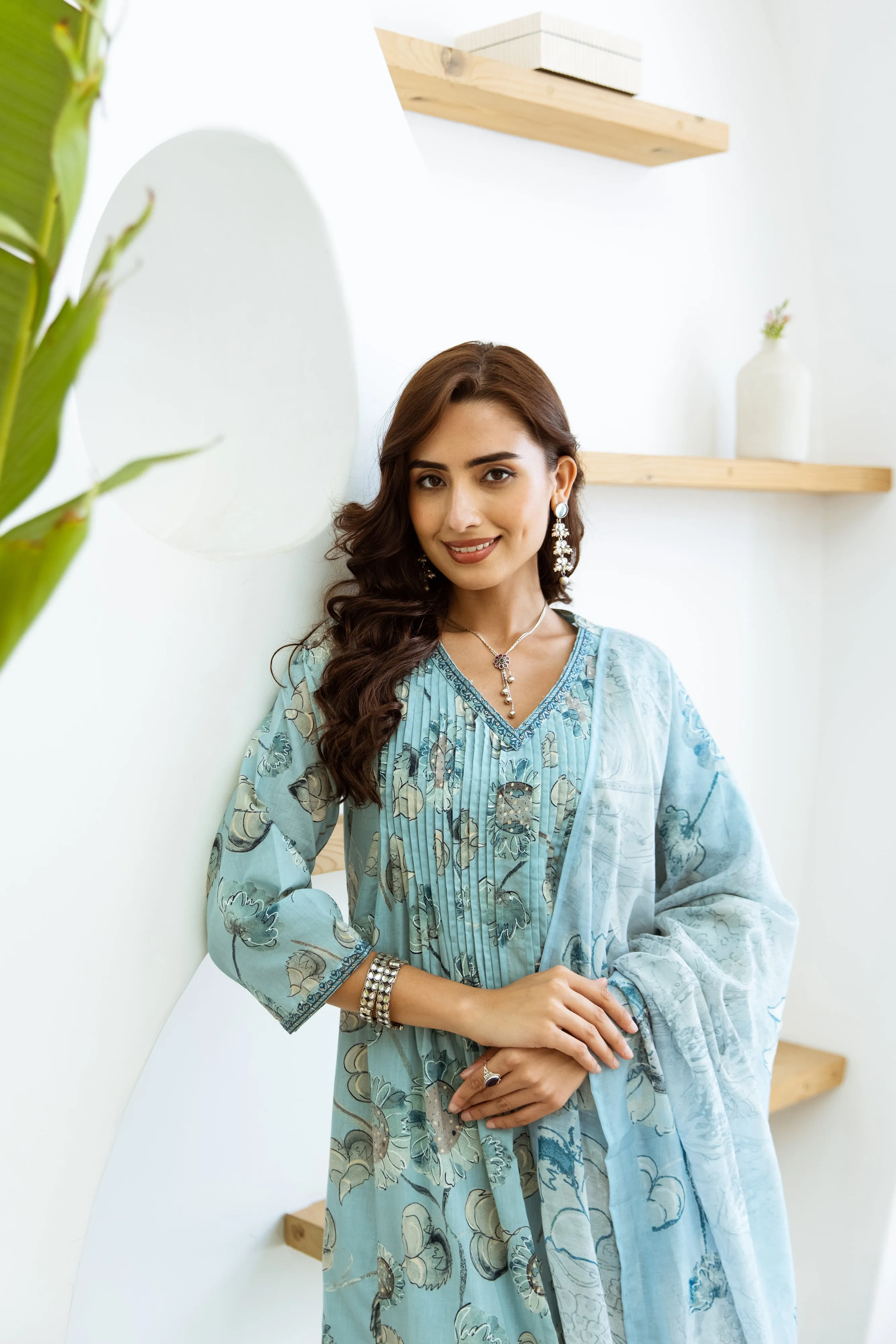 Women's Turquoise Cotton Kurta Pant and Dupatta Set