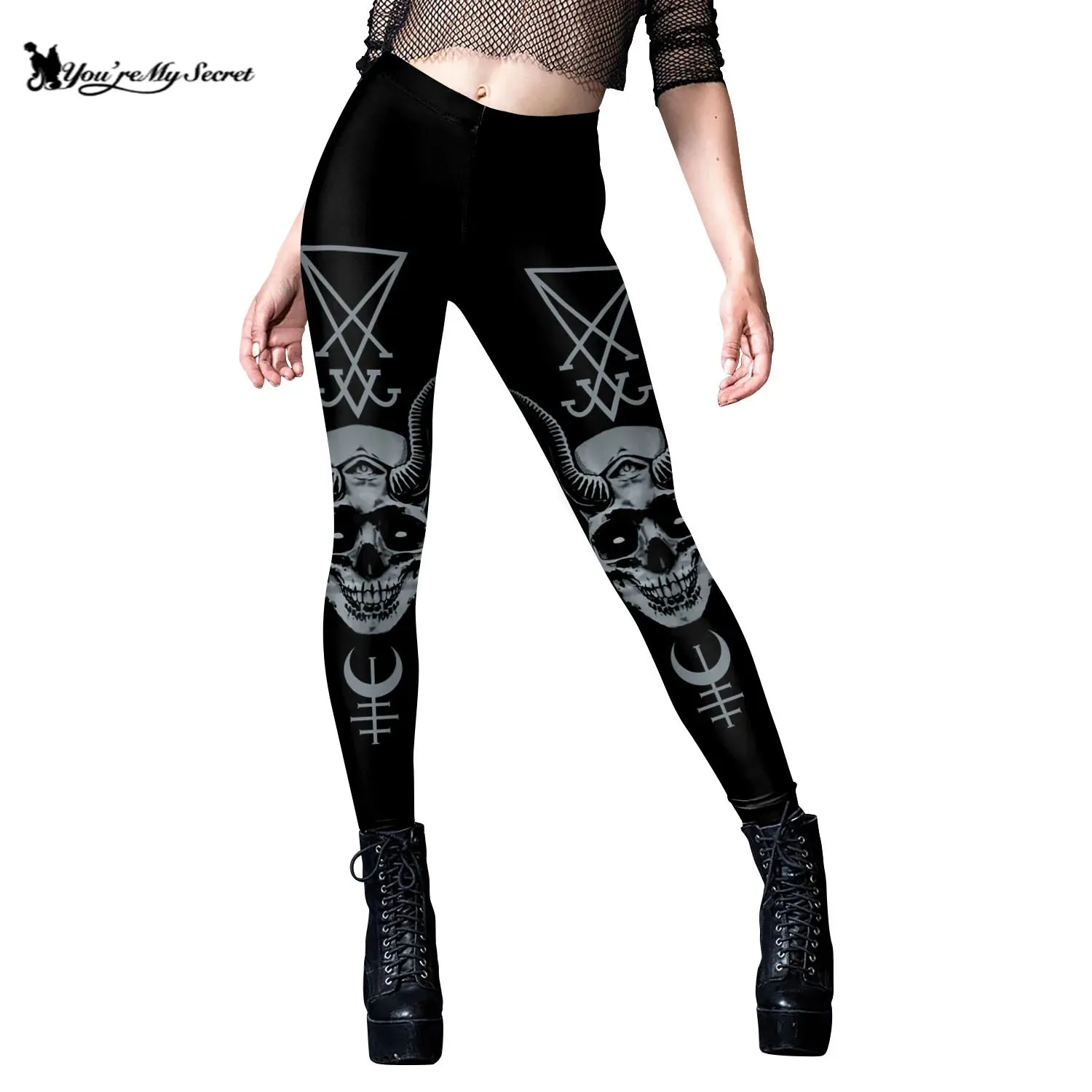 [You're My Secret] 2024 HOT Gothic Leggings For Women Ouija Workout Pants Dark Grunge Black Cat Skull Leggins Devil Satan Legins