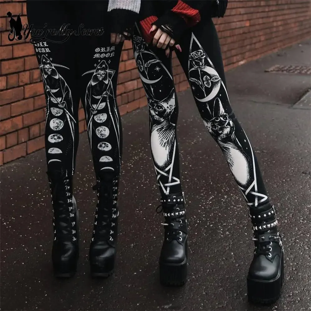 [You're My Secret] 2024 HOT Gothic Leggings For Women Ouija Workout Pants Dark Grunge Black Cat Skull Leggins Devil Satan Legins
